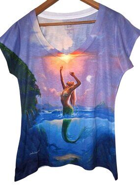 Jim Warren Mermaid Shirt Small Reach For The Sun ll Over Print Swim Water Sunset